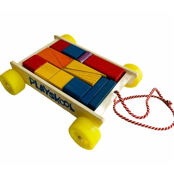 Vintage 1980's Playskool Cart Wagon Pull Toy with Wooden Blocks - Picture 1 of 7
